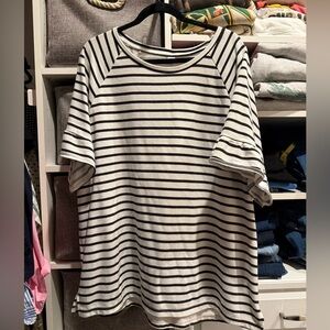 Old Navy Navy and White Striped Short Ruffle Sleeve Top